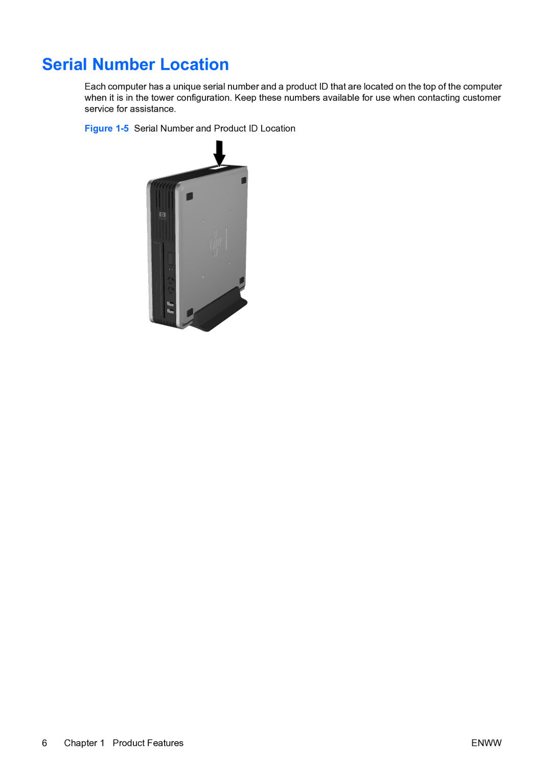 HP dc7800 manual Serial Number Location, 5Serial Number and Product ID Location Product Features 