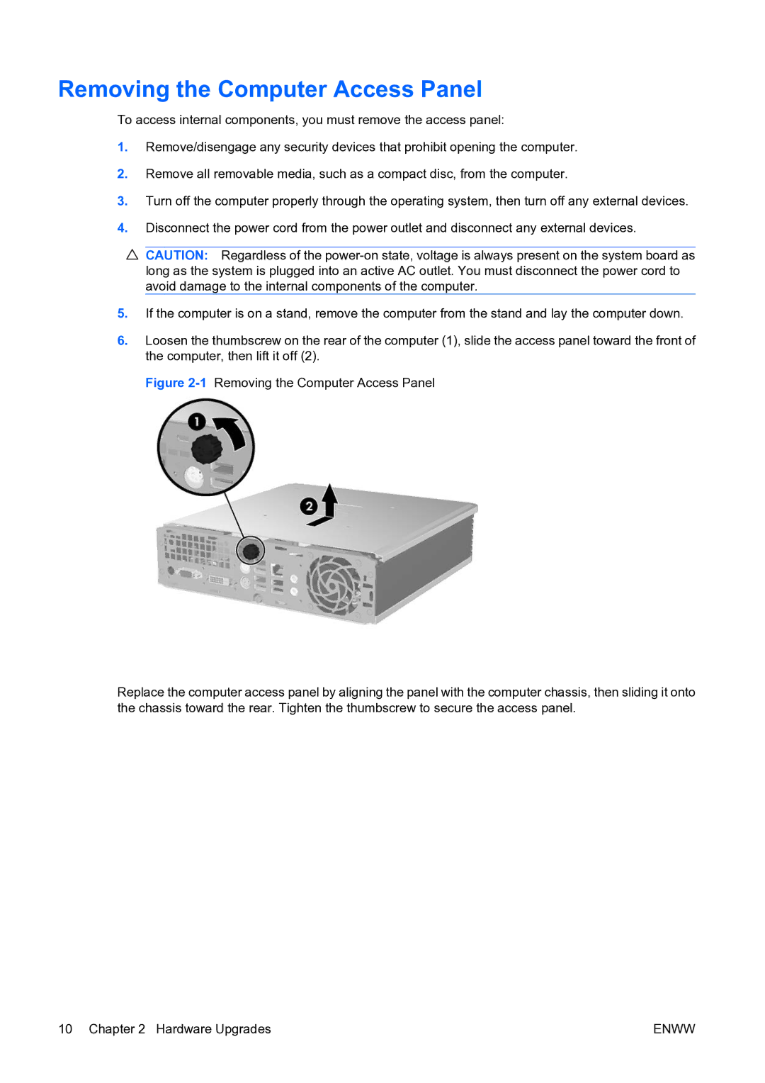 HP dc7800 manual Removing the Computer Access Panel 