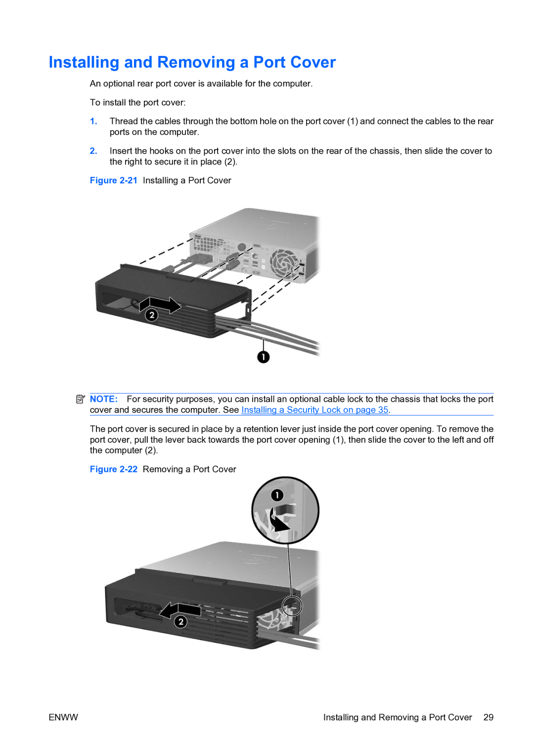 HP dc7800 manual Installing and Removing a Port Cover, 22Removing a Port Cover 