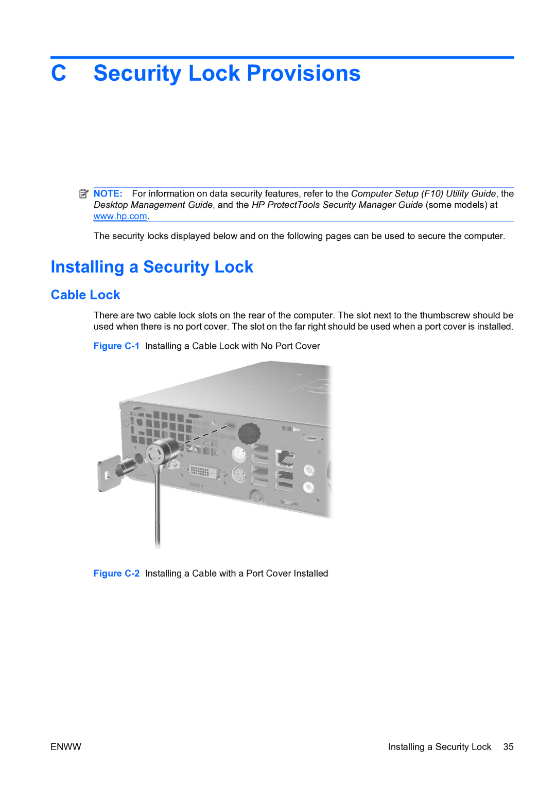 HP dc7800 manual Security Lock Provisions, Installing a Security Lock, Cable Lock 