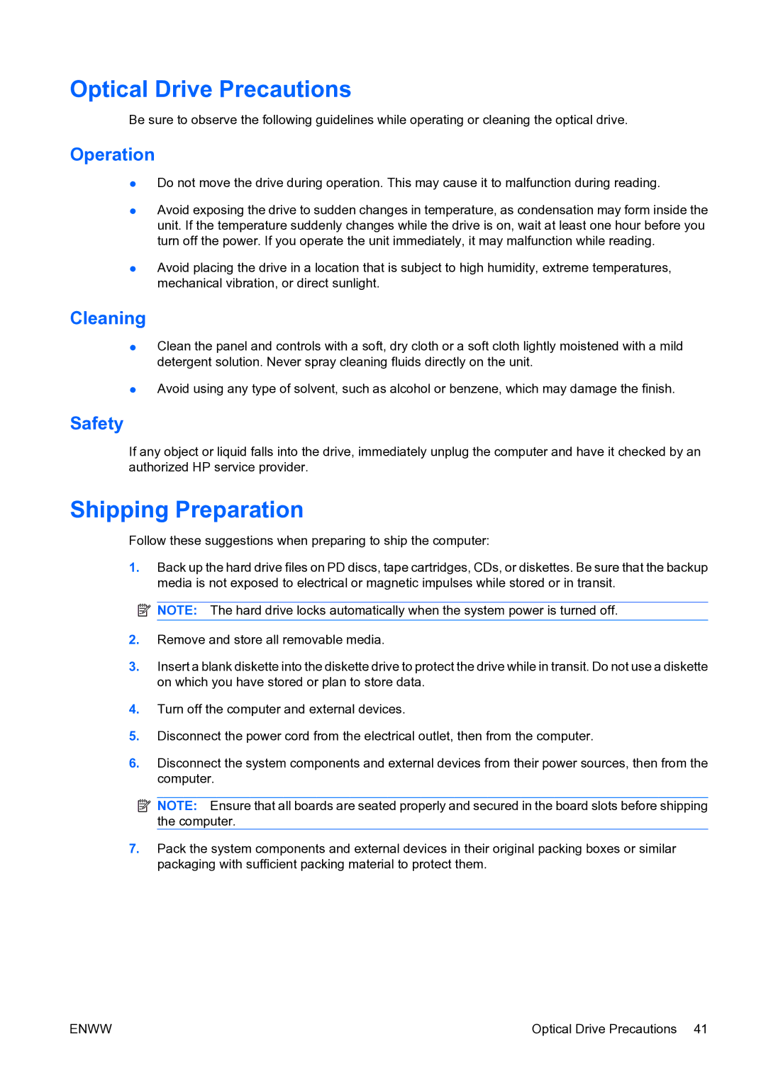 HP dc7800 manual Optical Drive Precautions, Shipping Preparation, Operation, Cleaning, Safety 