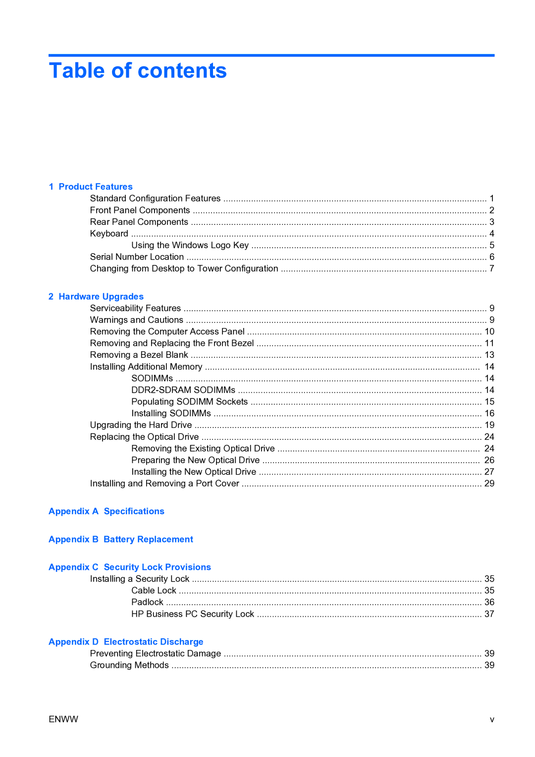 HP dc7800 manual Table of contents 