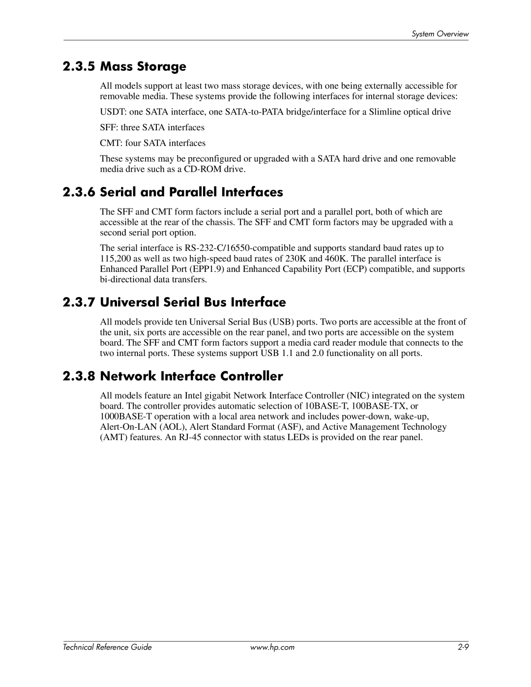 HP dc7800 manual Mass Storage, Serial and Parallel Interfaces, Universal Serial Bus Interface, Network Interface Controller 