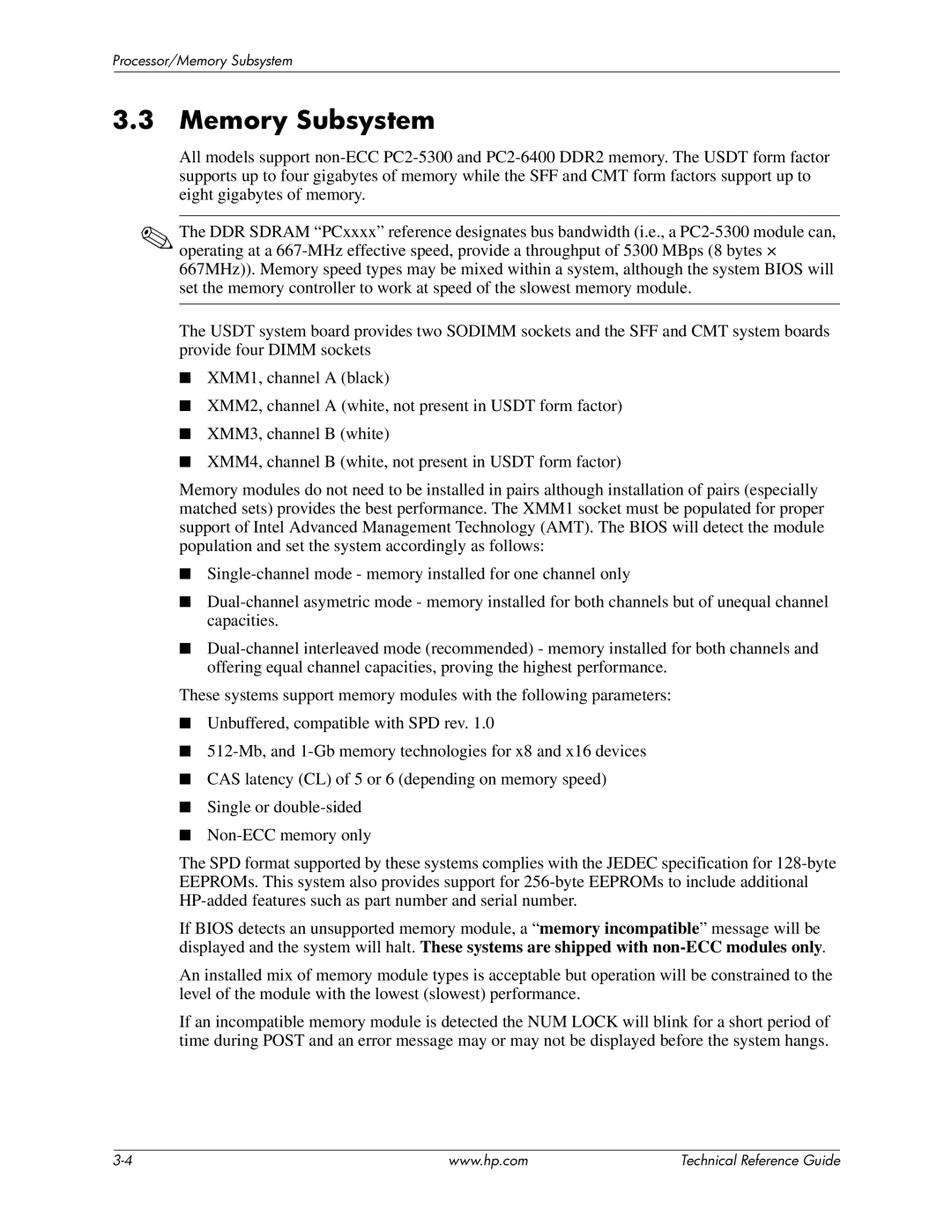 HP dc7800 manual Memory Subsystem 