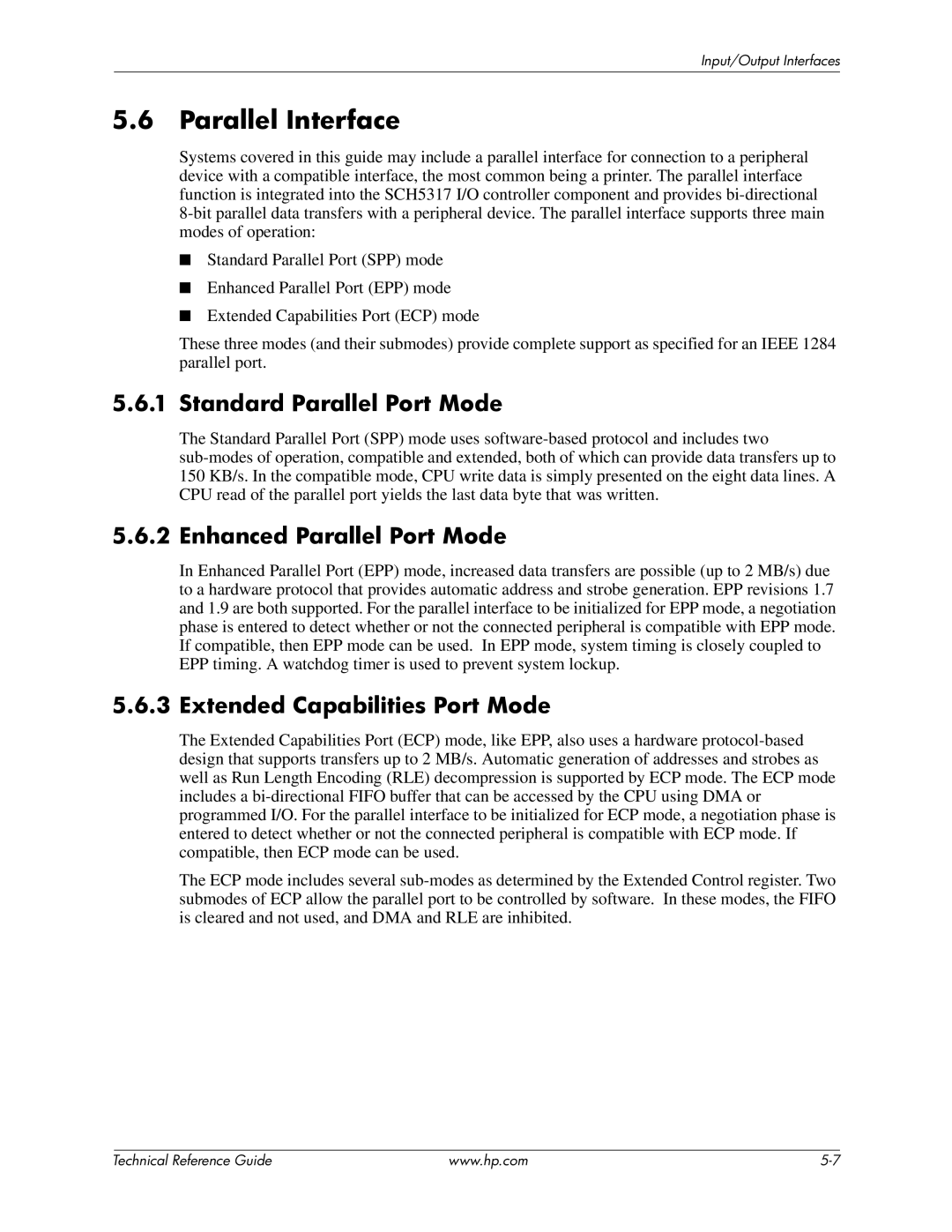 HP dc7800 Parallel Interface, Standard Parallel Port Mode, Enhanced Parallel Port Mode, Extended Capabilities Port Mode 