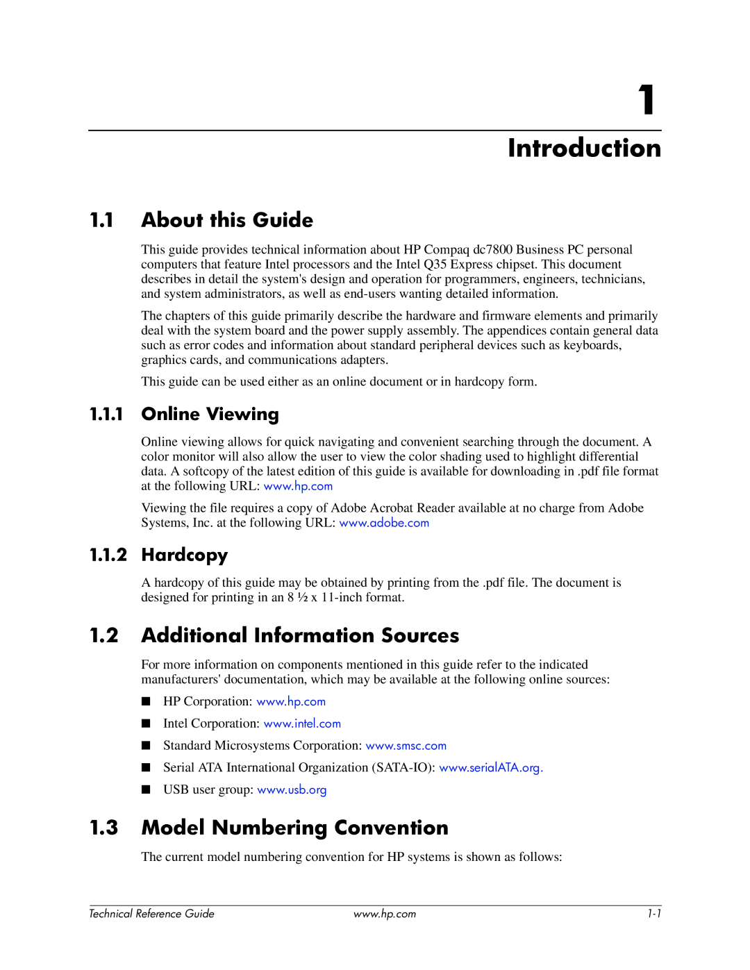 HP dc7800 manual About this Guide, Additional Information Sources, Model Numbering Convention, Online Viewing, Hardcopy 