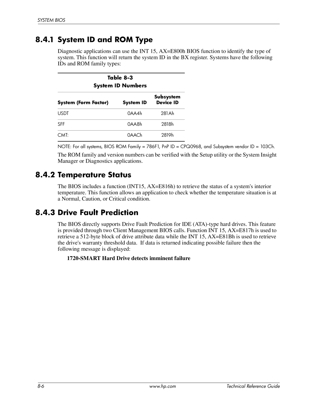 HP dc7800 manual System ID and ROM Type, Temperature Status, Drive Fault Prediction, System ID Numbers 