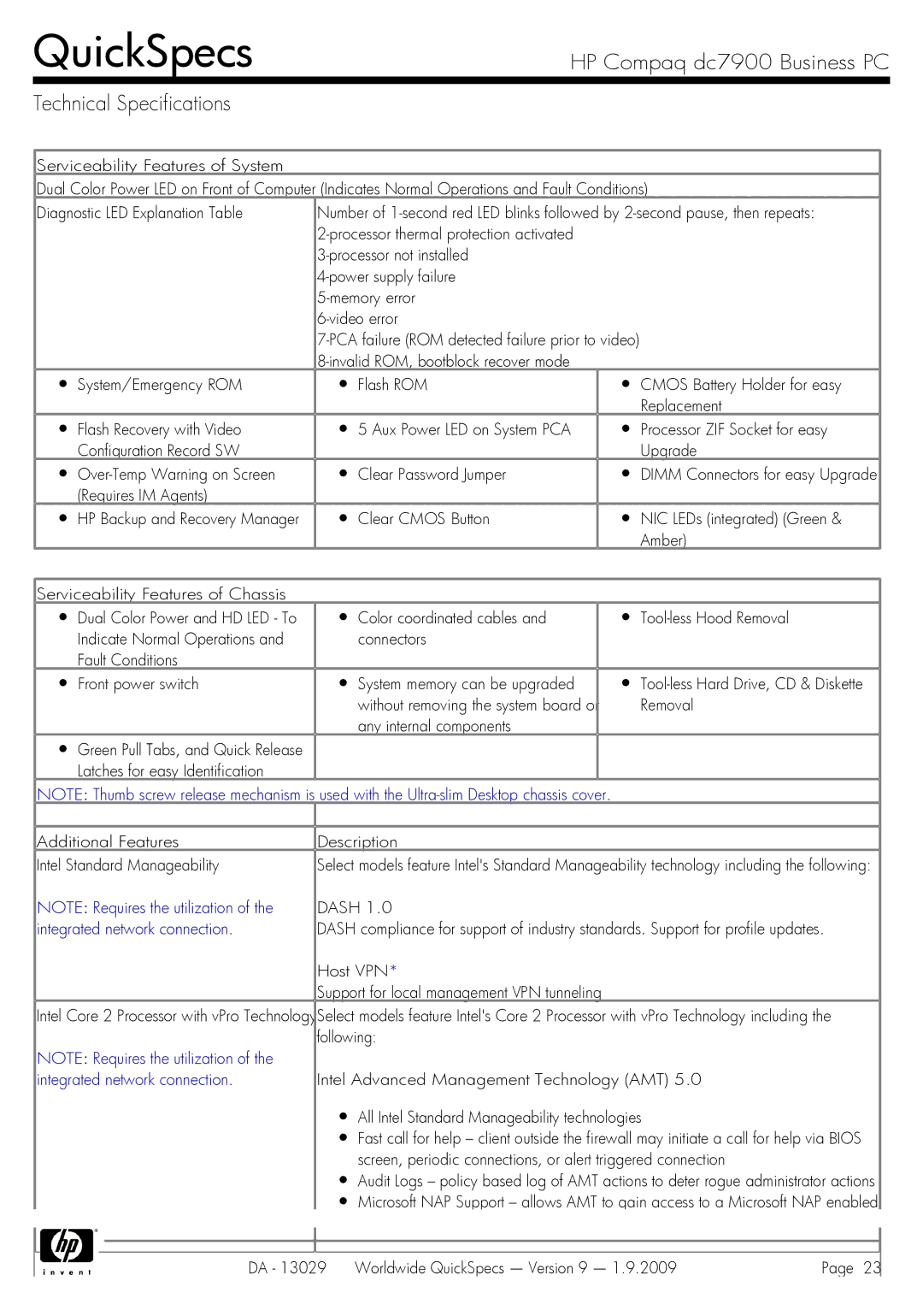 HP Dc7900 dc7900 manual Dash, Integrated network connection, Intel Advanced Management Technology AMT 