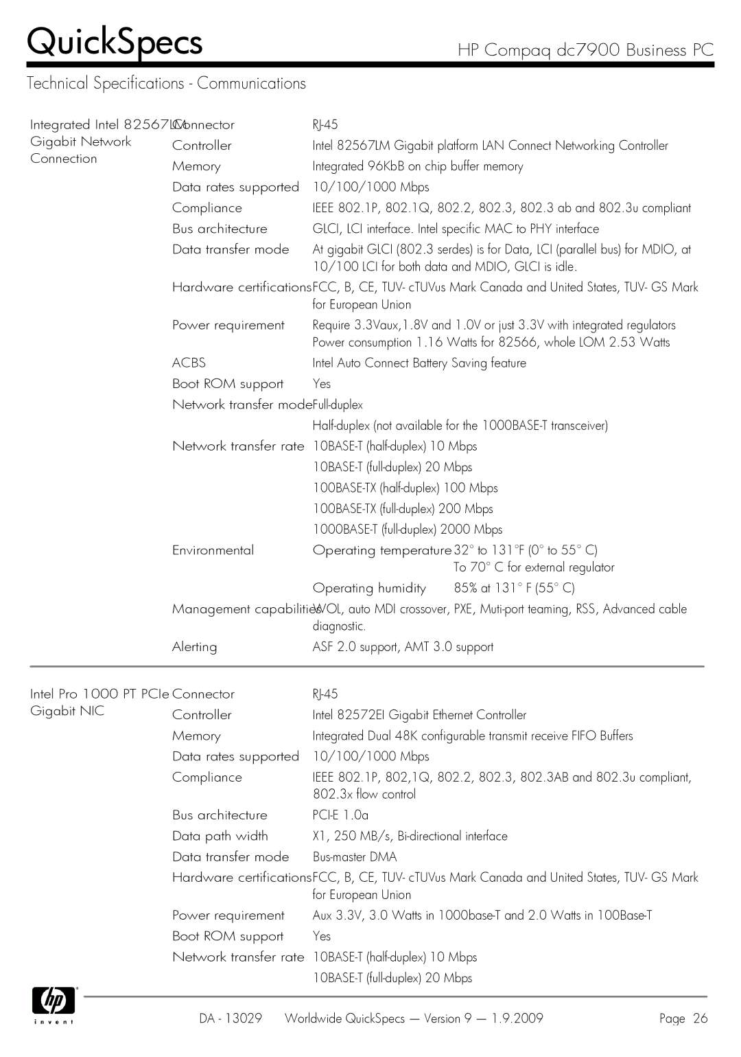 HP Dc7900 dc7900 manual Acbs, Intel Auto Connect Battery Saving feature 