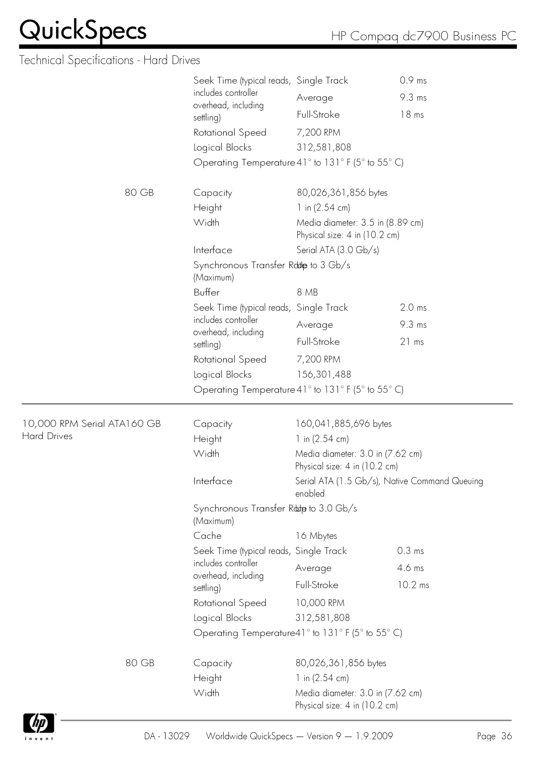 HP Dc7900 dc7900 manual GB Capacity 80,026,361,856 bytes Height 2.54 cm Width 