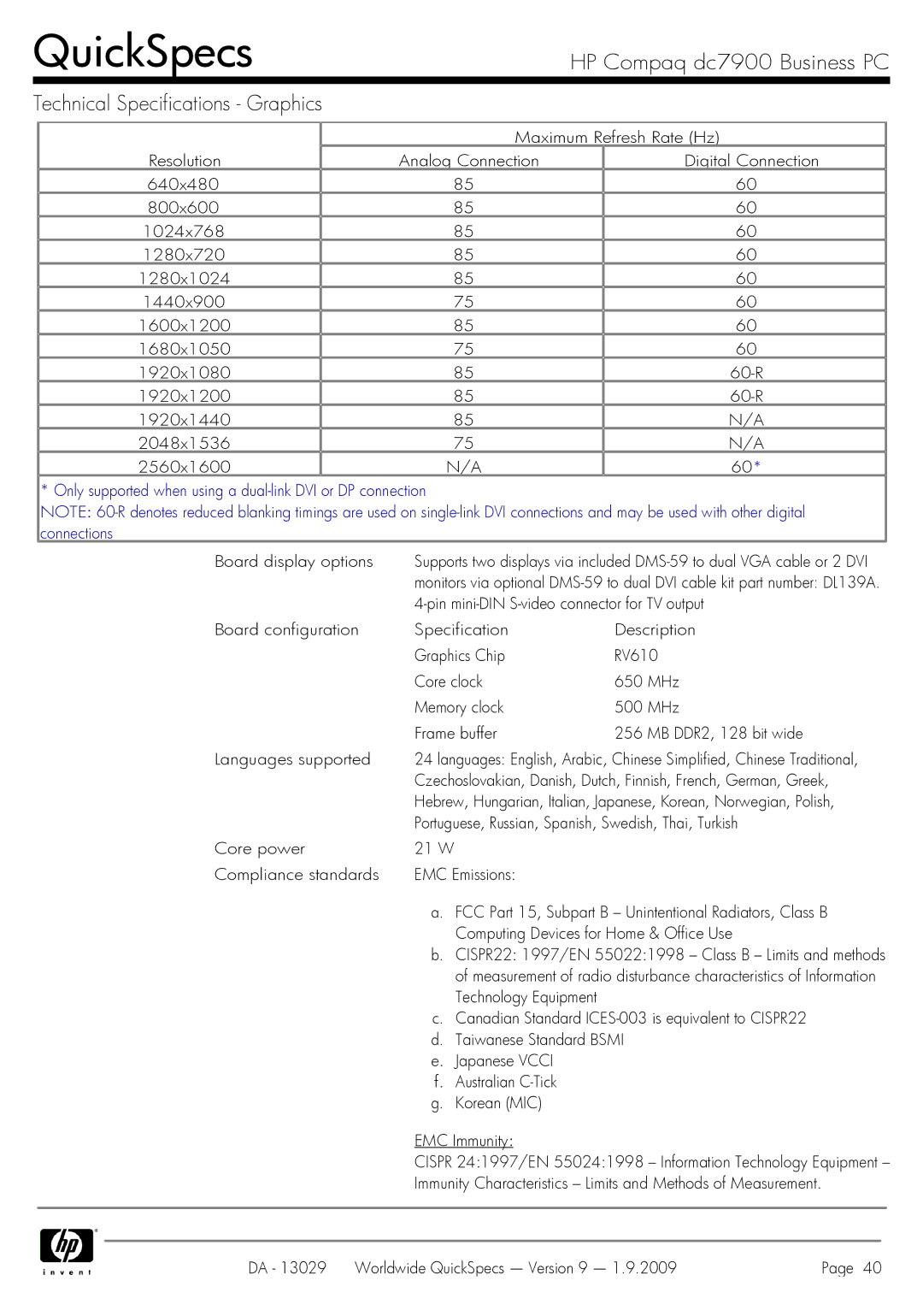 HP Dc7900 dc7900 manual Only supported when using a dual-link DVI or DP connection, Board display options 