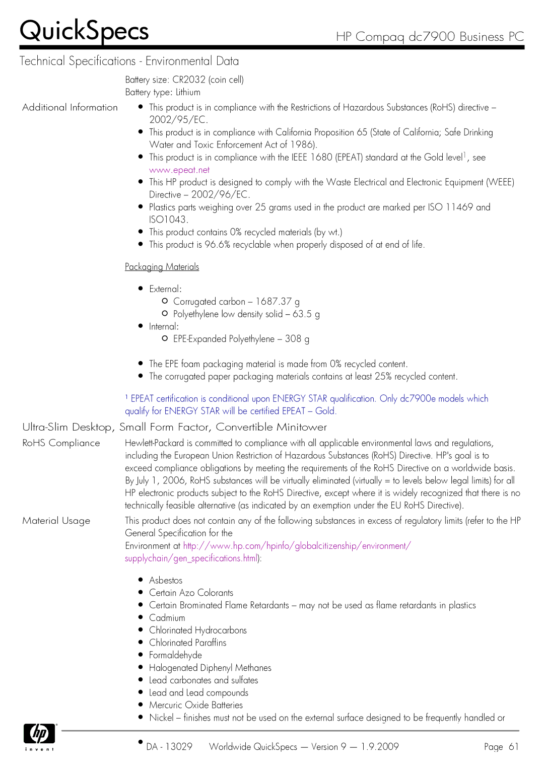 HP Dc7900 dc7900 manual RoHS Compliance, Material Usage, General Specification for 