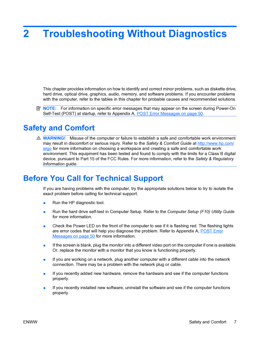 HP dc7900 manual Safety and Comfort Before You Call for Technical Support 