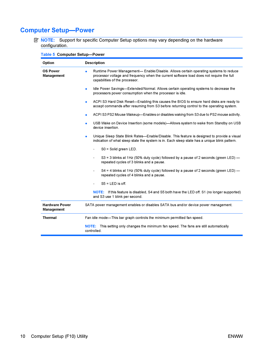 HP dc7900 manual Computer Setup-Power 