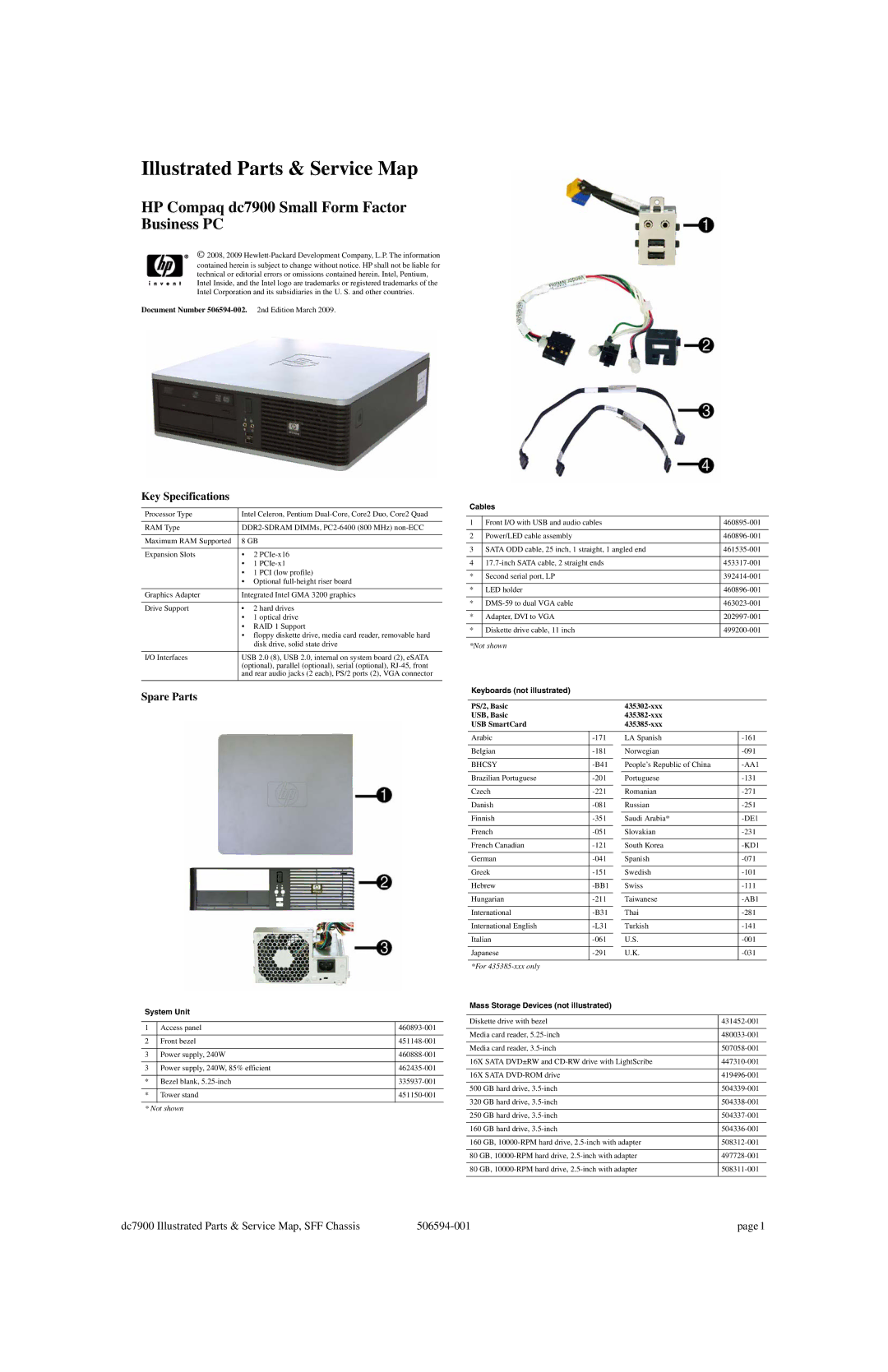 HP dc7900 manual Key Specifications, Spare Parts 