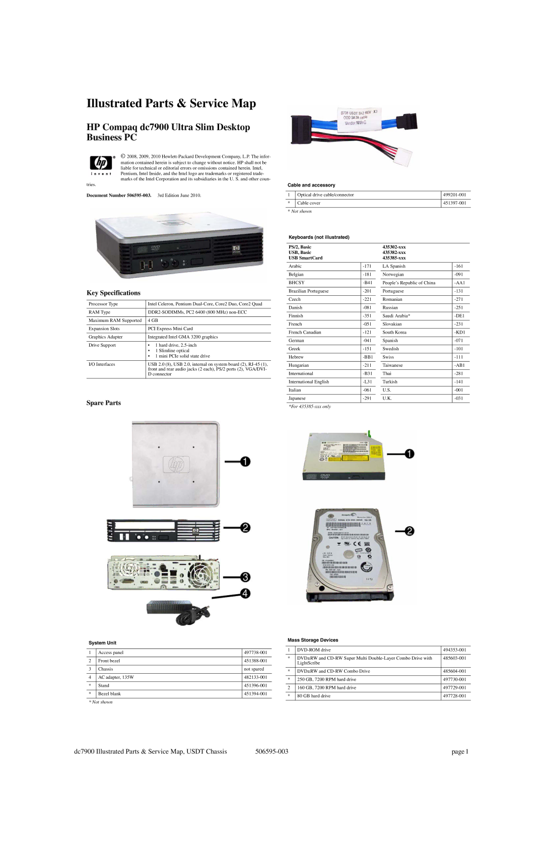 HP dc7900 manual Key Specifications, Spare Parts 