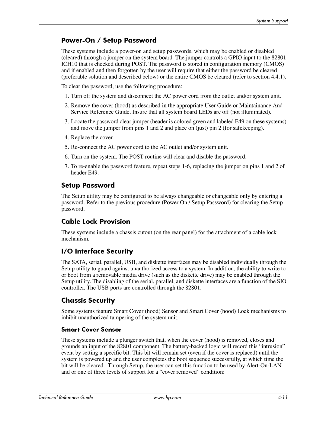 HP dc7900 manual Power-On / Setup Password, Cable Lock Provision, Interface Security, Chassis Security 