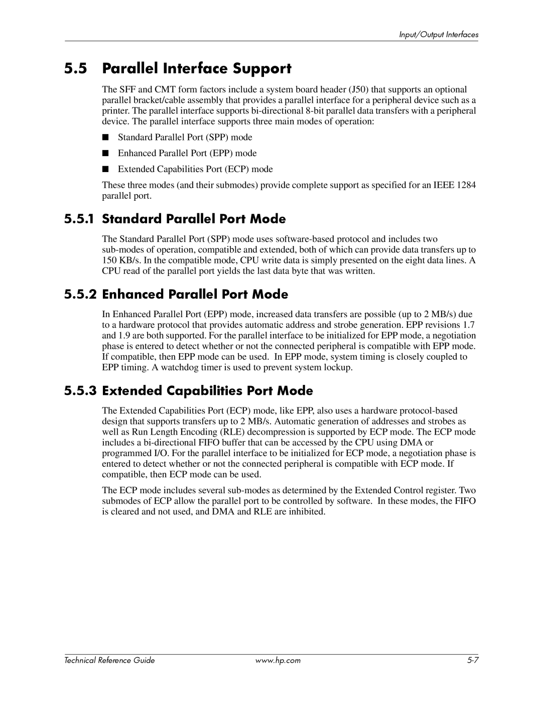 HP dc7900 manual Parallel Interface Support, Standard Parallel Port Mode, Enhanced Parallel Port Mode 