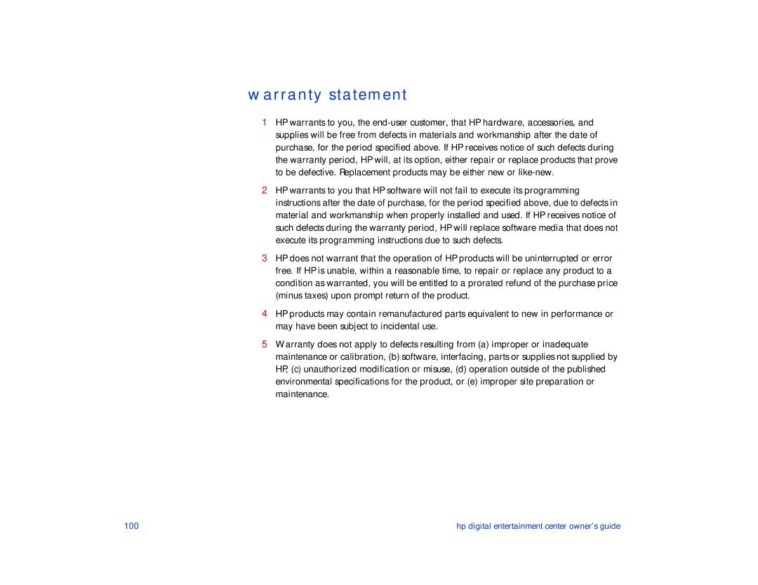 HP de100c manual Warranty statement 