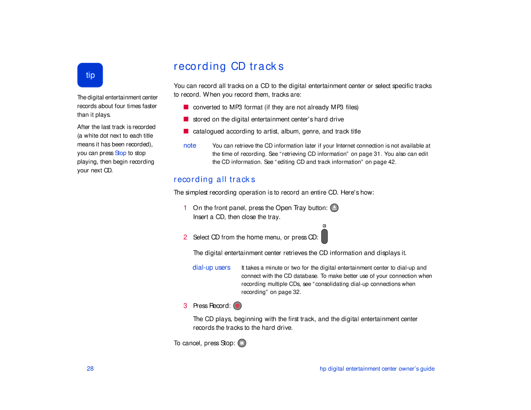 HP de100c manual Recording CD tracks, Recording all tracks 