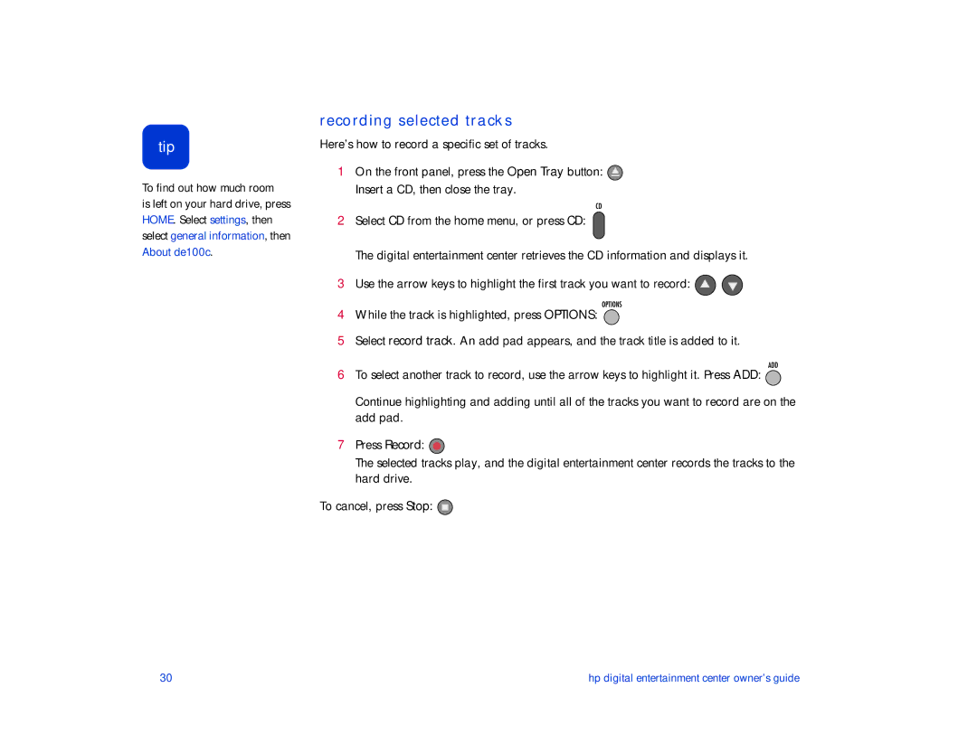 HP de100c manual Recording selected tracks, To find out how much room 