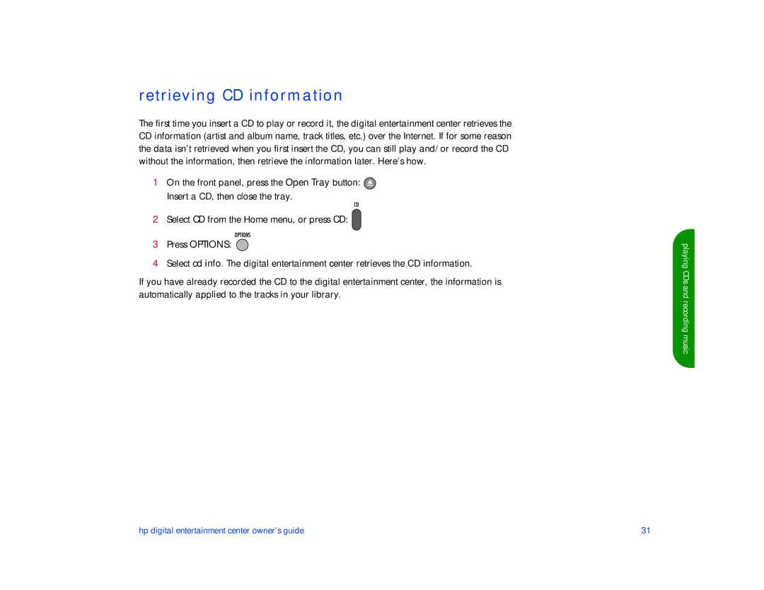 HP de100c manual Retrieving CD information 