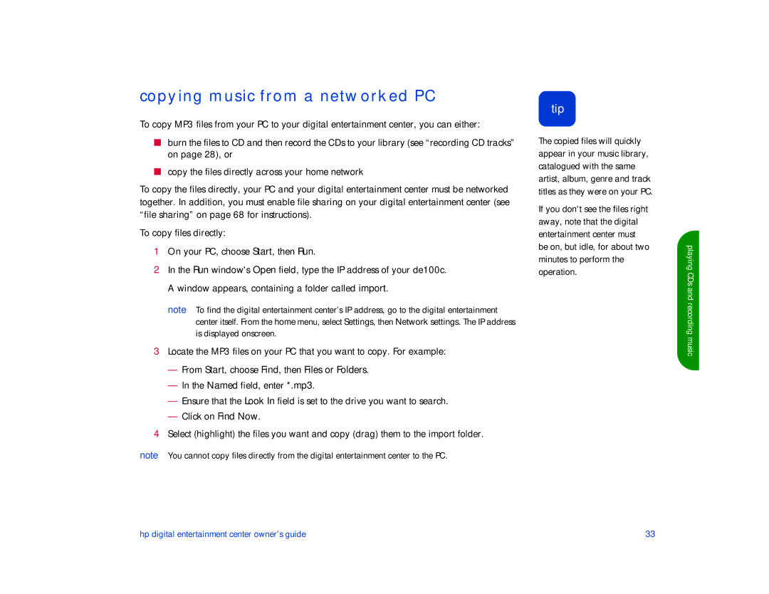 HP de100c manual Copying music from a networked PC 