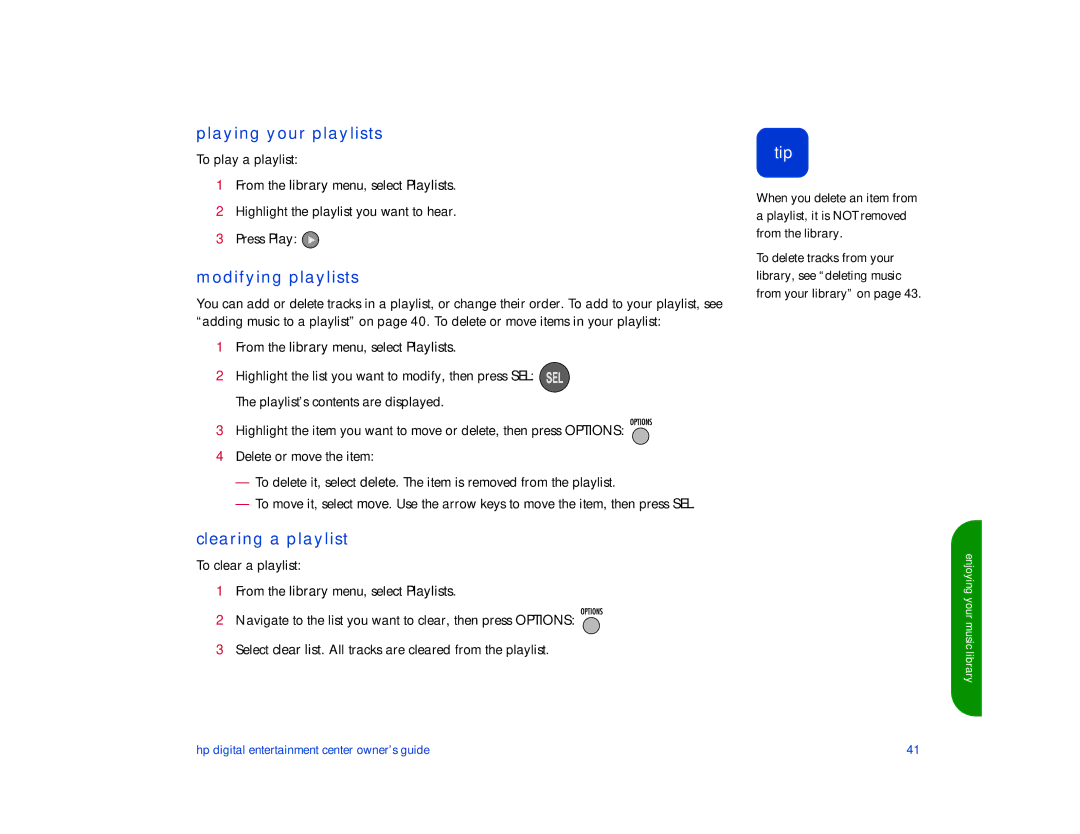 HP de100c manual Playing your playlists, Modifying playlists, Clearing a playlist 