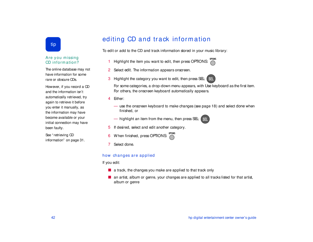 HP de100c manual Editing CD and track information, How changes are applied 