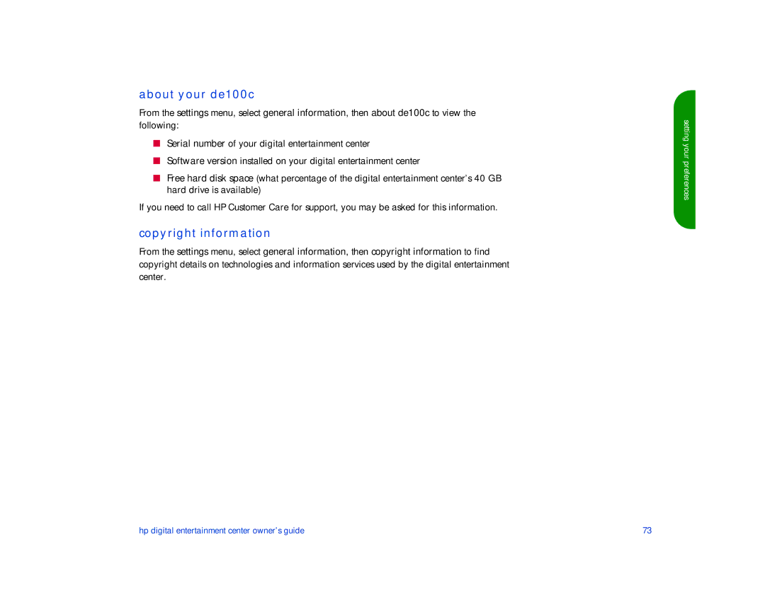 HP manual About your de100c, Copyright information 