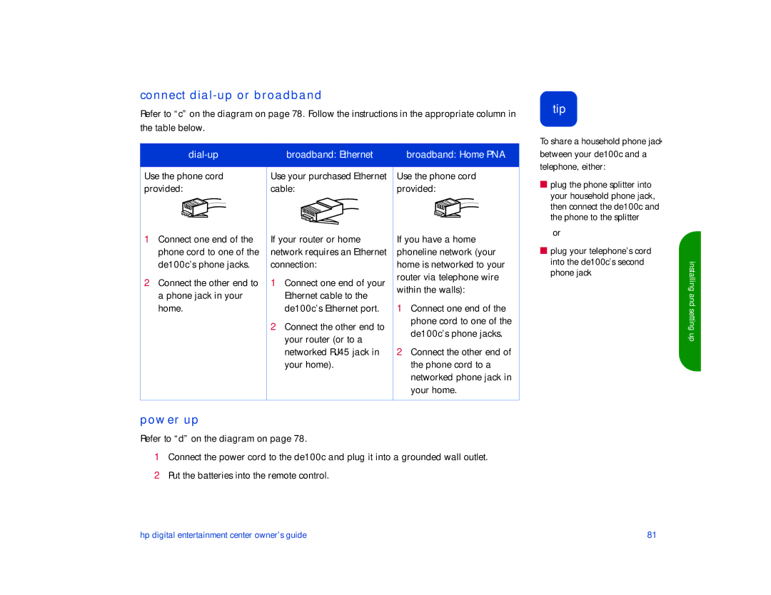 HP de100c manual Connect dial-up or broadband, Power up, Dial-up Broadband Ethernet Broadband Home PNA 