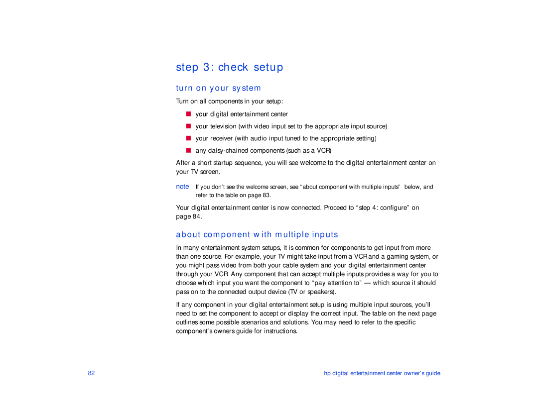 HP de100c manual Check setup, Turn on your system, About component with multiple inputs 