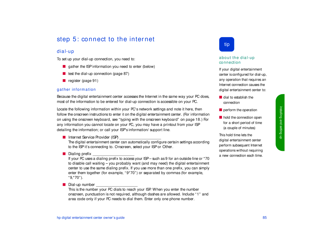 HP de100c manual Connect to the internet, Dial-up, Gather information 