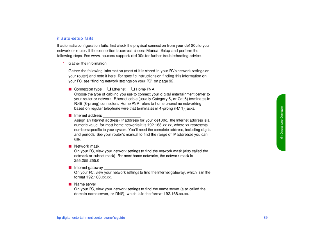 HP de100c manual If auto-setup fails 