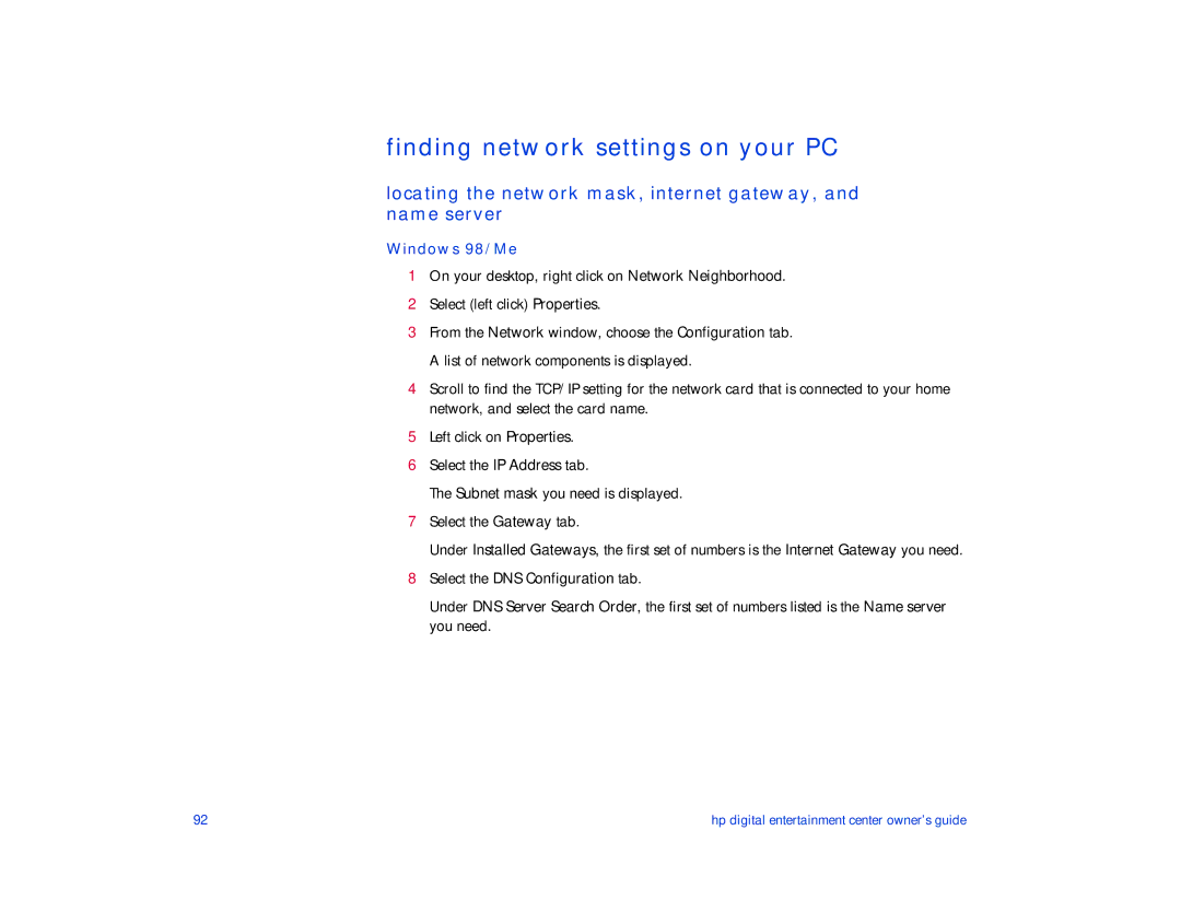 HP de100c manual Finding network settings on your PC, Windows 98/Me 