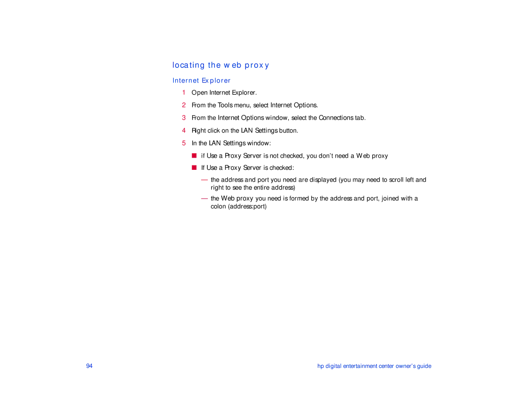 HP de100c manual Locating the web proxy, Internet Explorer 
