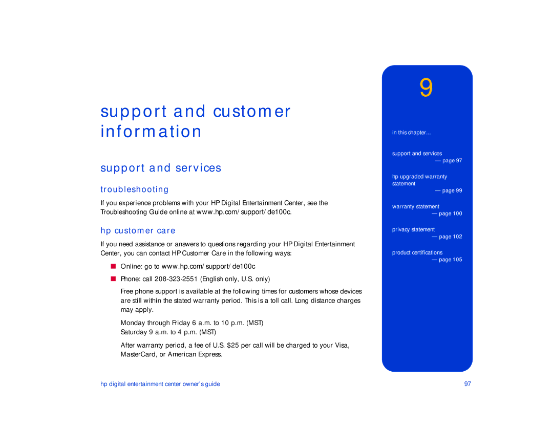 HP de100c manual Support and customer information, Support and services, Troubleshooting Hp customer care 