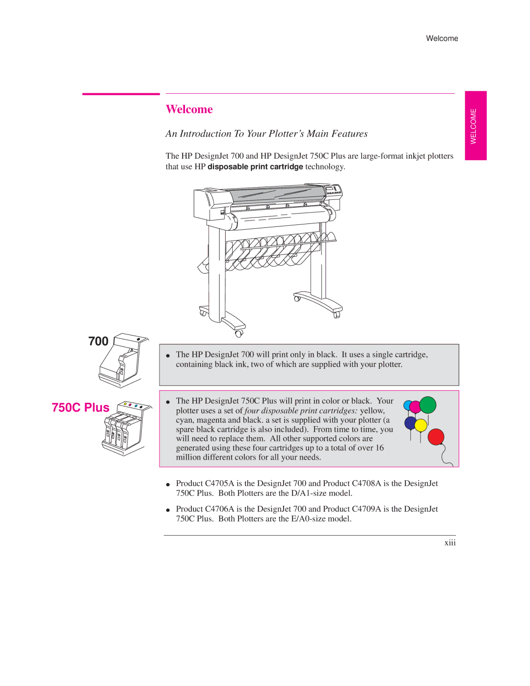 HP Design Jet Plotter 750C Plus, Design Jet Plotter 700 manual Welcome, Xiii 