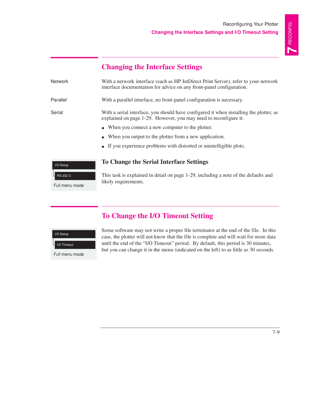 HP Design Jet Plotter 750C Plus, Design Jet Plotter 700 Changing the Interface Settings, To Change the I/O Timeout Setting 