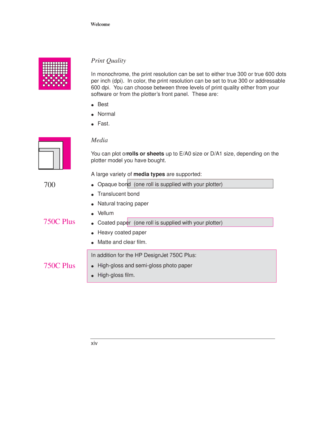 HP Design Jet Plotter 700, Design Jet Plotter 750C Plus manual Print Quality, Media 