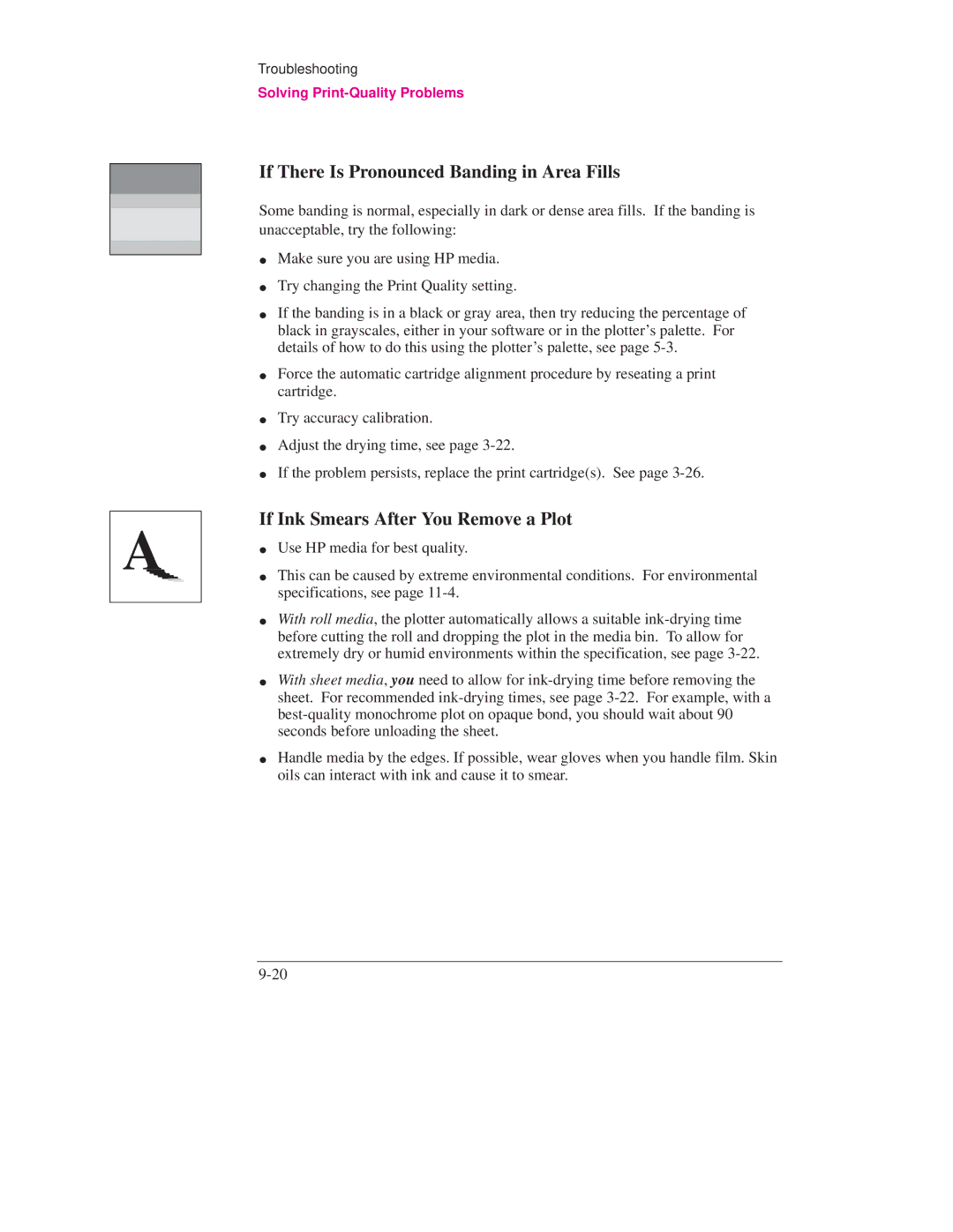 HP Design Jet Plotter 700 manual If There Is Pronounced Banding in Area Fills, If Ink Smears After You Remove a Plot 