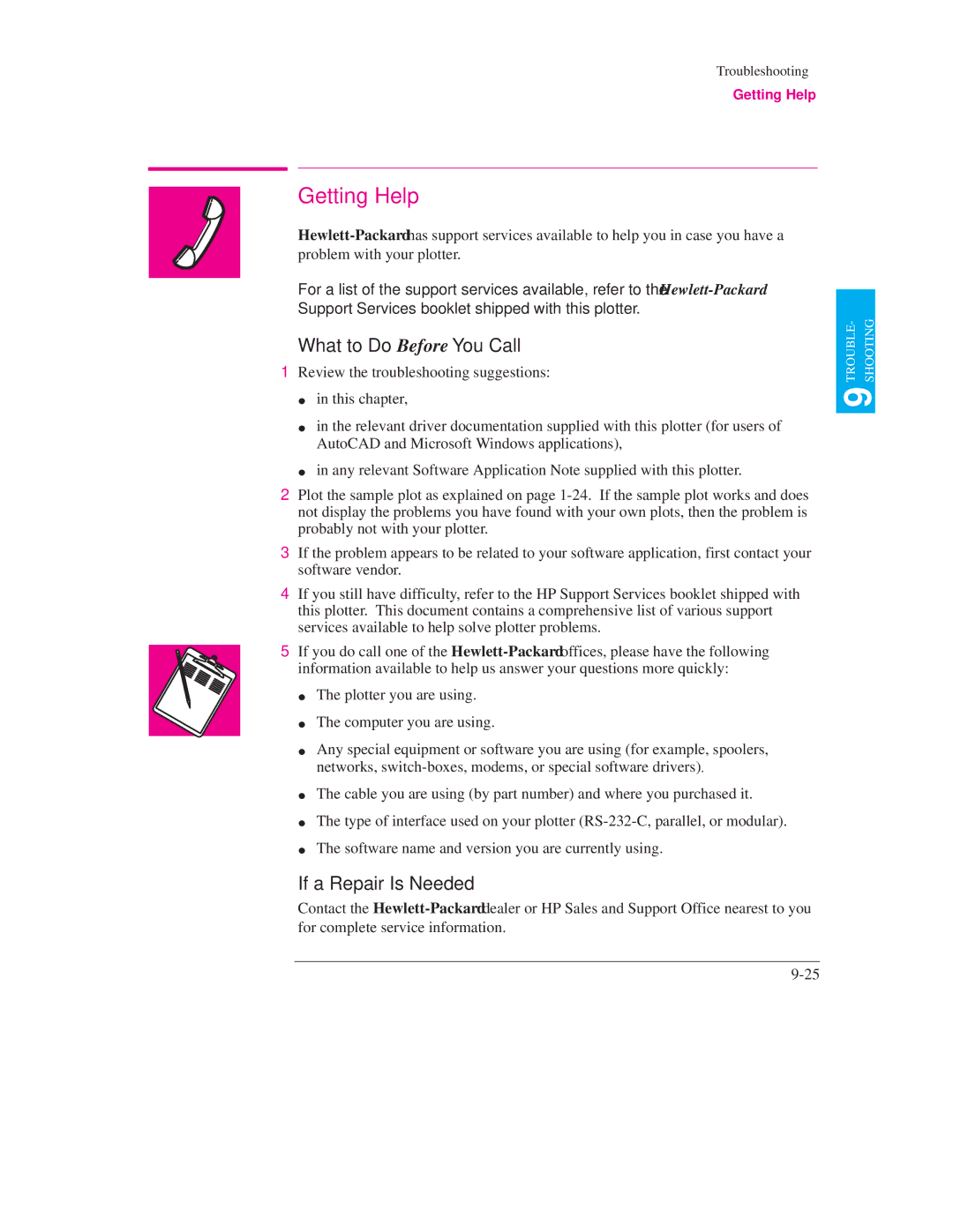 HP Design Jet Plotter 750C Plus, Design Jet Plotter 700 Getting Help, What to Do Before You Call, If a Repair Is Needed 