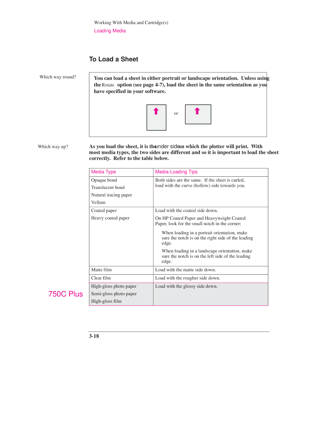 HP Design Jet Plotter 700, Design Jet Plotter 750C Plus manual To Load a Sheet, Media Type Media-Loading Tips 
