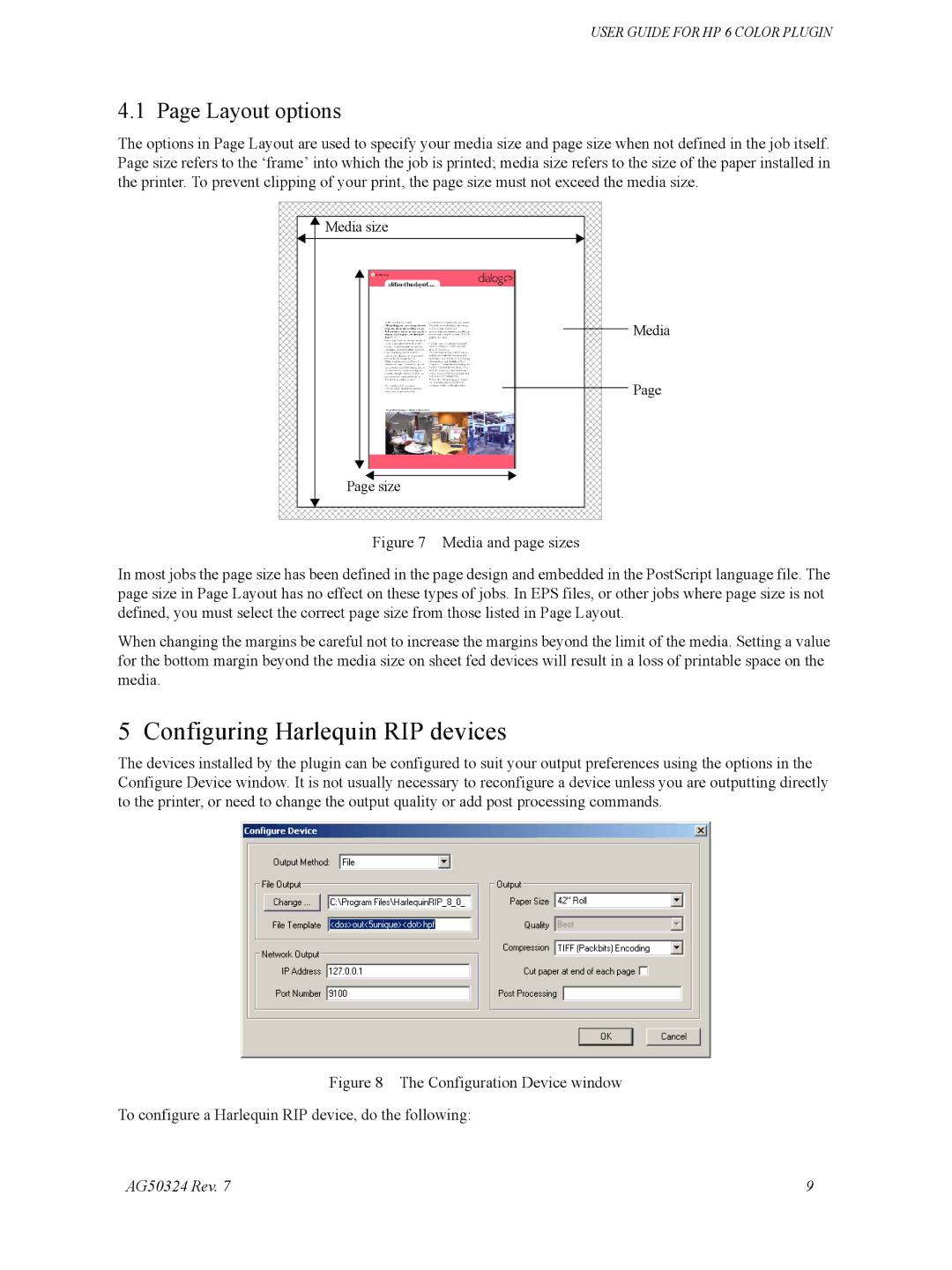 HP Designget AG5234 Rev. 7 manual Configuring Harlequin RIP devices, Layout options 