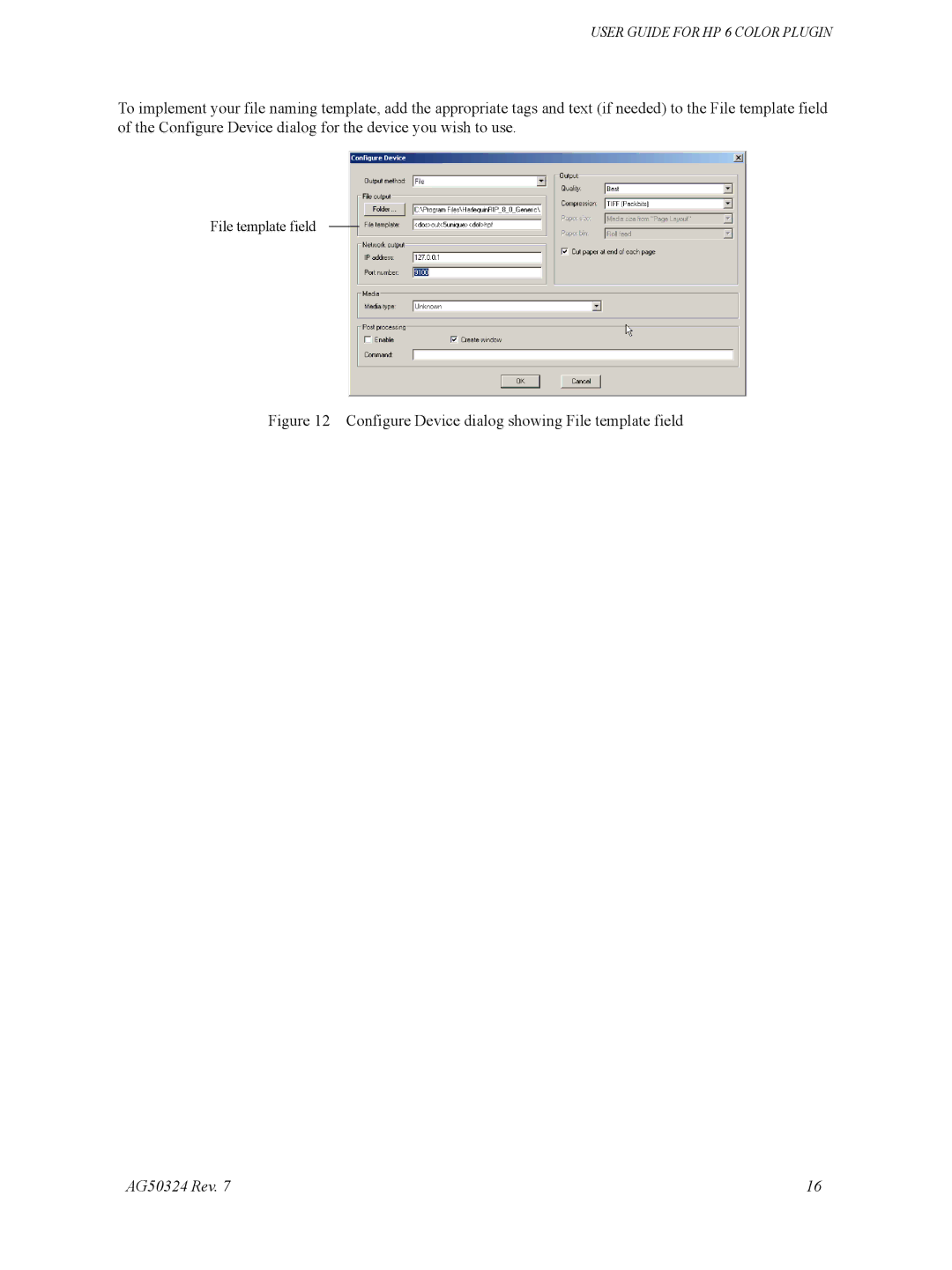 HP Designget AG5234 Rev. 7 manual Configure Device dialog showing File template field 