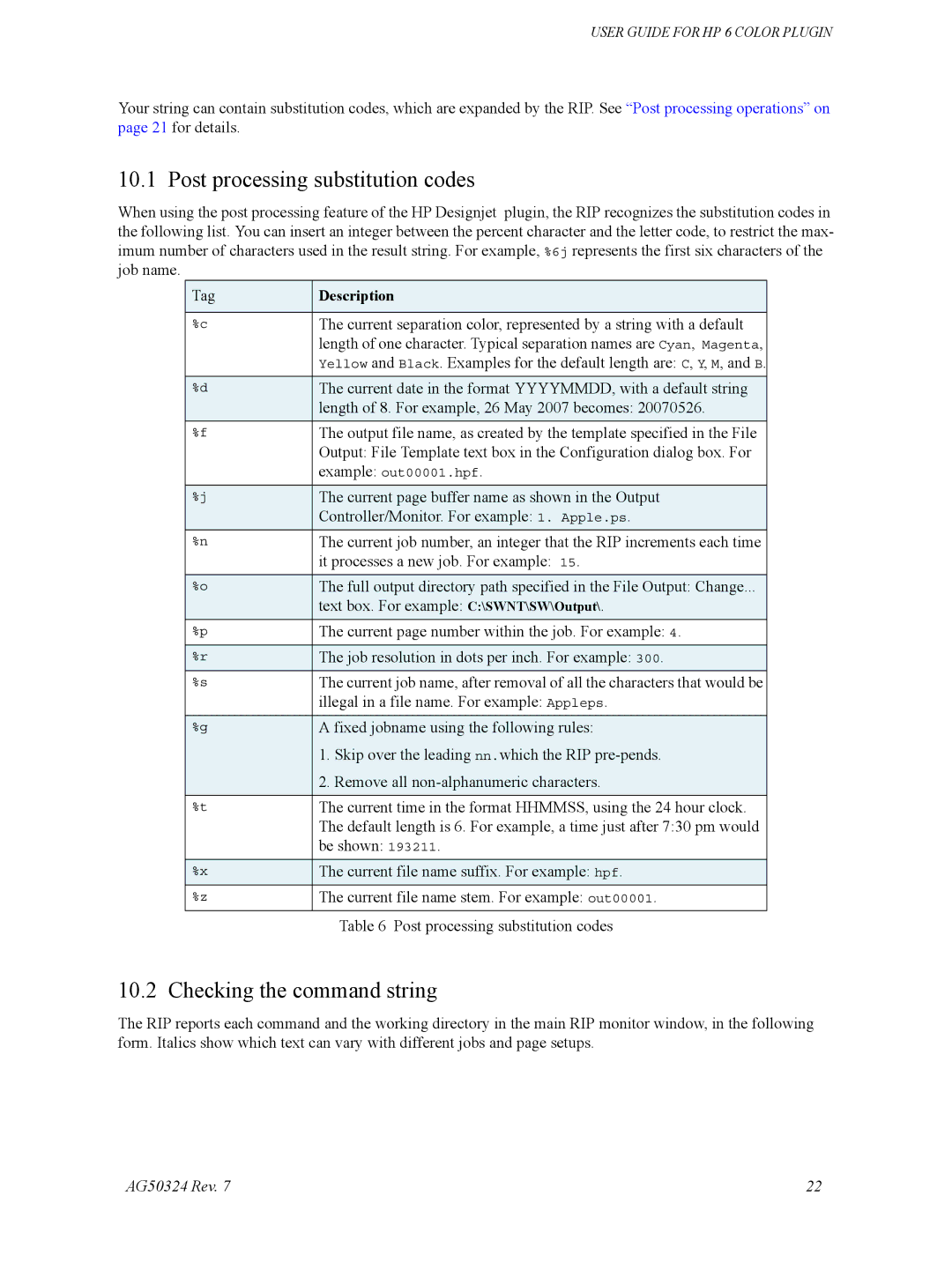 HP Designget AG5234 Rev. 7 manual Post processing substitution codes, Checking the command string 