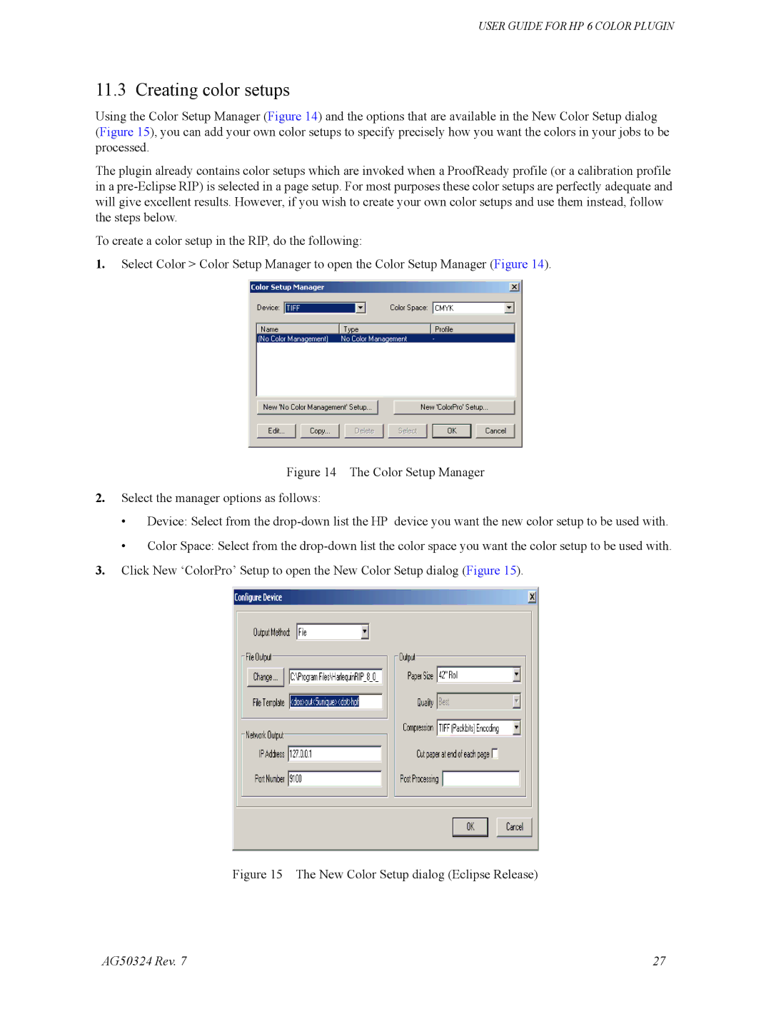 HP Designget AG5234 Rev. 7 manual Creating color setups, New Color Setup dialog Eclipse Release 