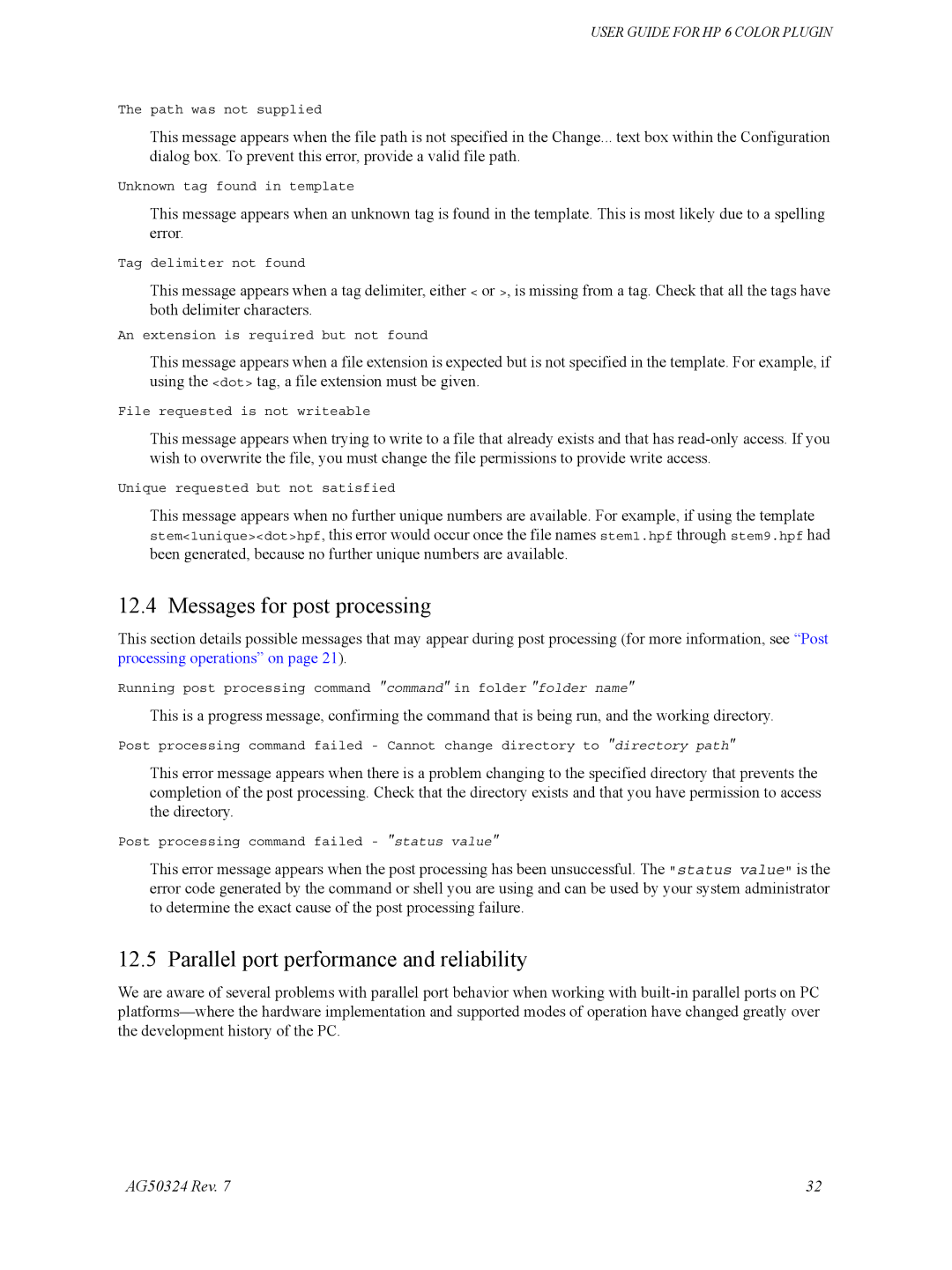 HP Designget AG5234 Rev. 7 manual Messages for post processing, Parallel port performance and reliability 