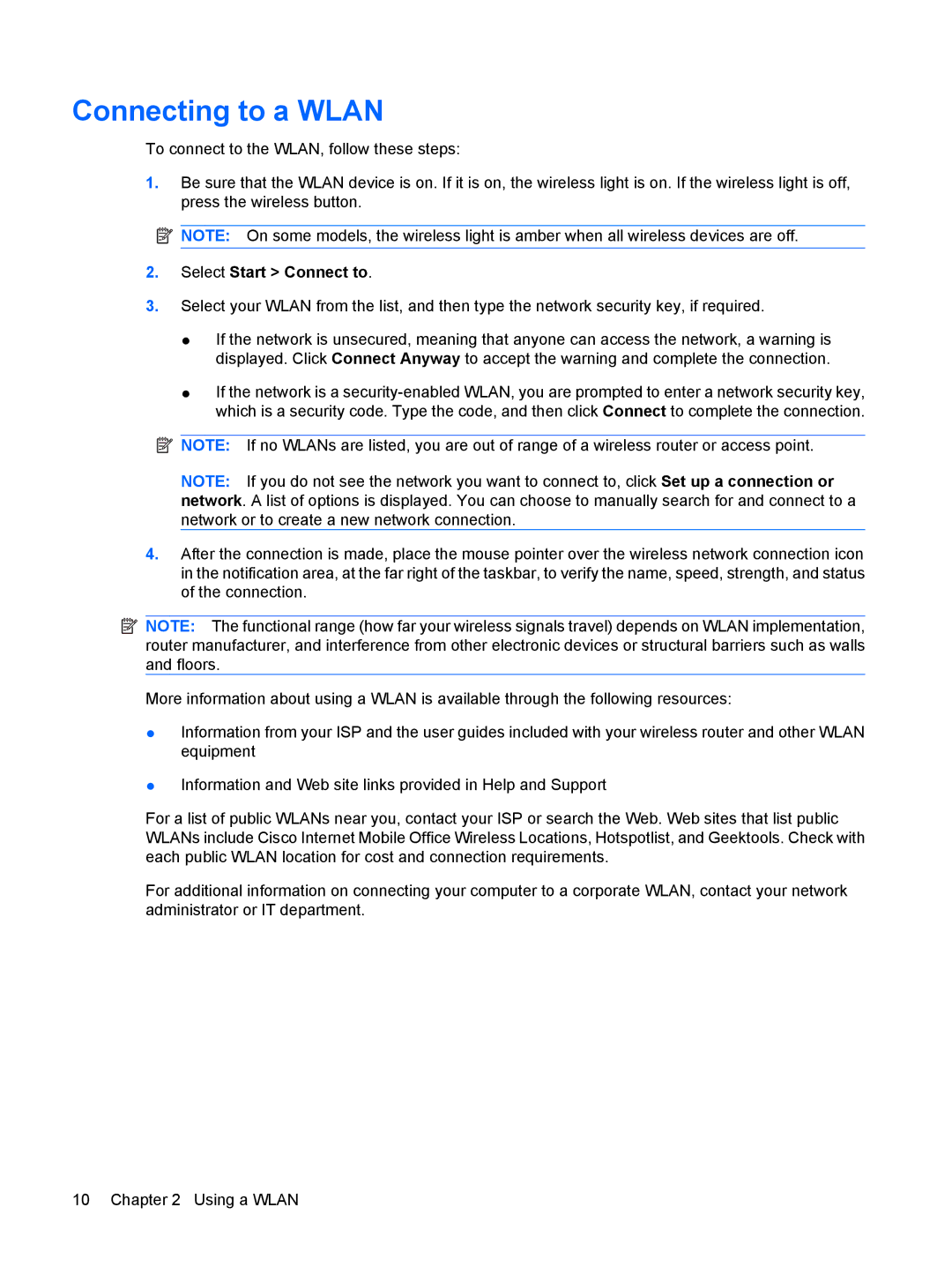 HP Device manual Connecting to a Wlan, Select Start Connect to 