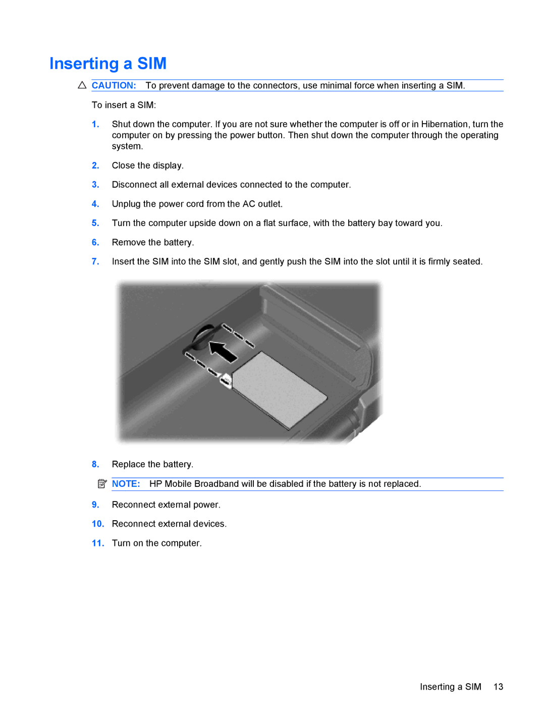 HP Device manual Inserting a SIM 